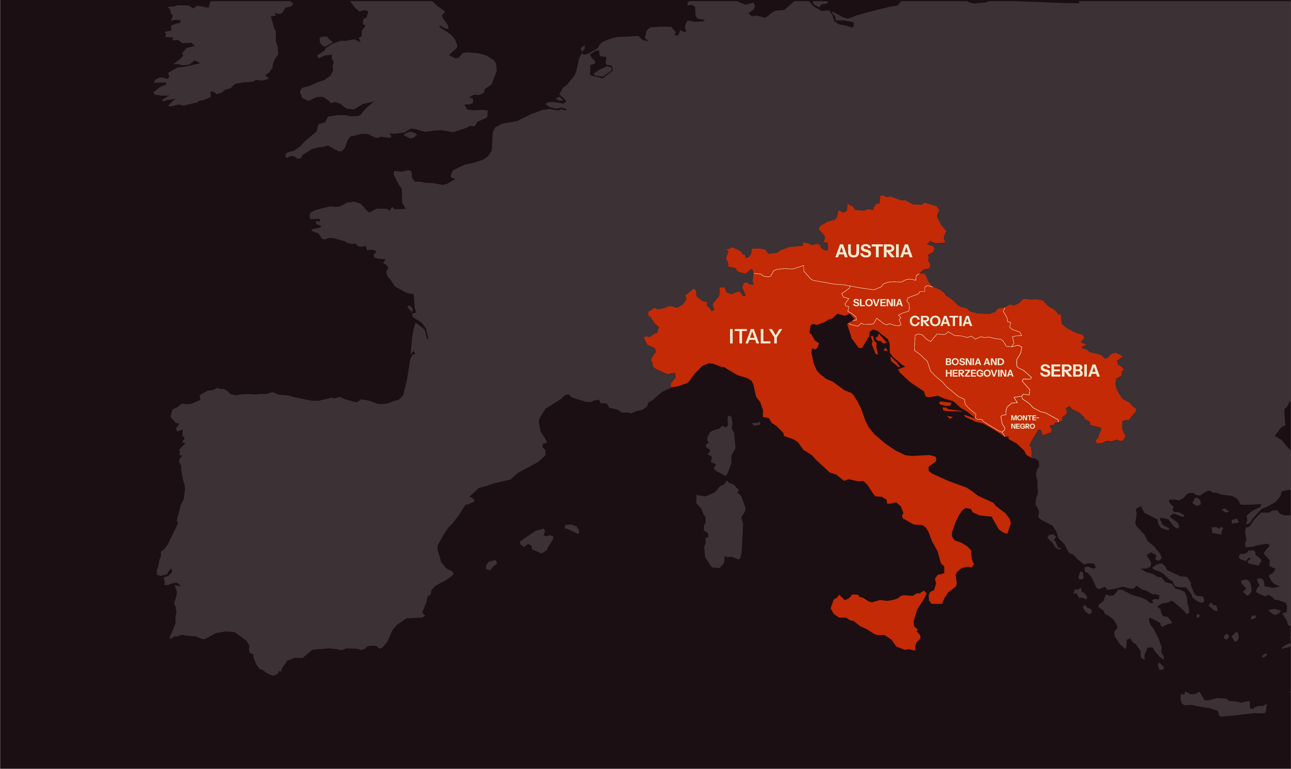 Map of the filming region: Italy, Austria, Slovenia, Croatia, Bosnia and Herzegovina, Serbia and Montenegro